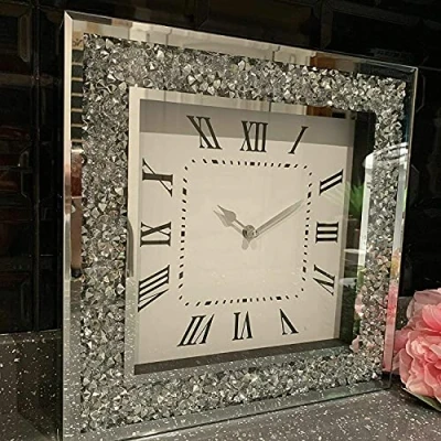 Image of Biznest Extra Large Loose Diamante Wall Clock Elegant Luxury Diamond Crystal Mirror Crushed Jewel Roman For Home Office Living Room Bedroom Decoration 50X50cm silver