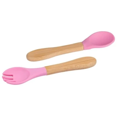 Image of Pink 2pc Bamboo Baby Weaning Fork &amp; Spoon Set By Tiny Dining