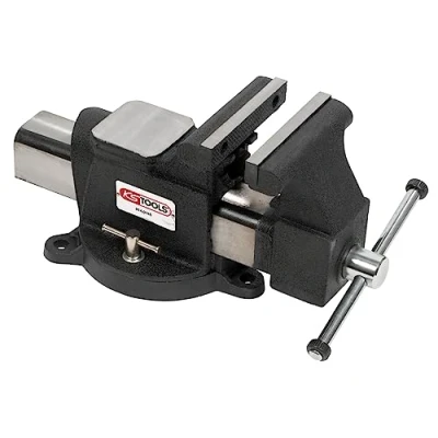 Image of KS Tools 914.0145 Curved 125 mm Bench Vice Cast Iron Table with Steel Jaws Versatile Base Interchangeable Distance up to 130