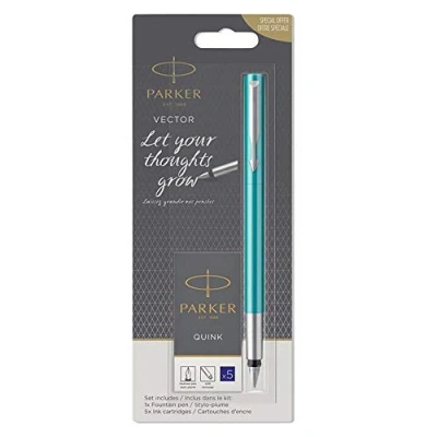 Image of Parker Vector Fountain Pen and Blue Ink Cartridges Pack of 5