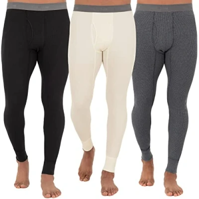 Image of Fruit of the Loom Men&#039;s Recycled Premium Waffle Thermal Underwear Long Johns Bottom (1, 2, 3, and 4 Packs) Pajama, Black/Greystone Heather/Natural, Small (Pack 3)