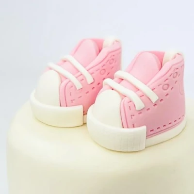 Image of Pink Baby Girl Boots Cake Topper Edible Figure Birthday Party Decoration Personalised Custom Name Icing Great for Kids Boy 1 First Christening Shower Easy to Use