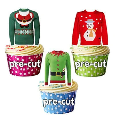 Image of AK Giftshop Festive Jumper Party Pack 36 Christmas Cup Cake Toppers Edible Stand Up Decorations