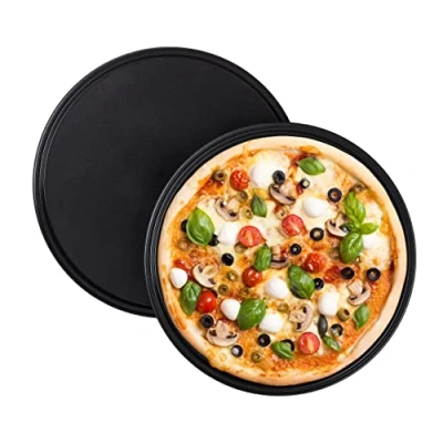 Image of Relaxdays pizza tray, set of 2, round, non stick coated, &amp; tarte flambée, carbon steel, pan, approx. 1 cm (h) x 32 cm, grey, 10025633