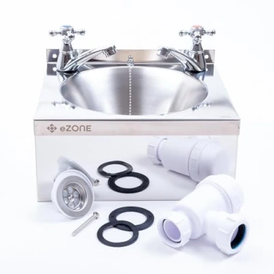 Image of Commercial Kitchen Stainless Steel Wall Hand Wash Basin Sink with Cross Taps &amp; Waste Kit