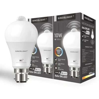 Image of SINCELIGHT Motion Sensor LED Bulb with B22 Cap, Detects Human Movement, Automatic ON/Off in Darkness, 10W GLS PIR and Light Sensor, Security Bulb, 60 Seconds Delay, Pack of 2