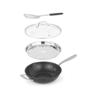 Image of Salter Megastone 28cm Multifunction Frying Pan 20 x Tougher Non Stick, 3.65L, Includes Tempered Glass Lid, Spatula &amp; Steamer Insert, Sauté, Steam Fry, Oven Dishwasher Safe, Lifetime Cover
