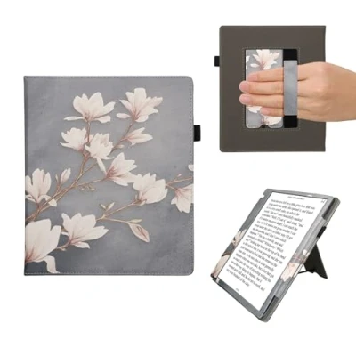 Image of kwmobile Case Compatible with Pocketbook InkPad Eo/Bigme InkNote Color+ PU Leather Cover Magnet Closure, Stand, Strap, Card Slot Magnolias Taupe/White/Blue Grey