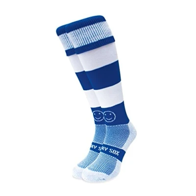 Image of WackySox Royal Blue and White Hoop Rugby Socks, Sports Socks for Men Women, Mens Work Perfect Riding, Football, Running, Hockey other Activities