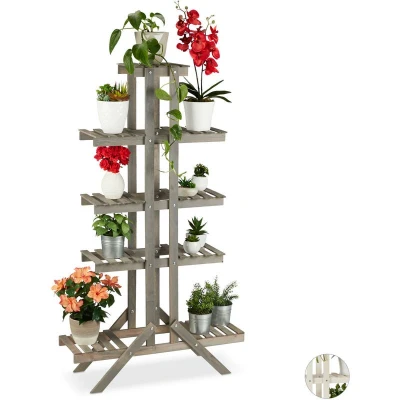Image of Relaxdays 5 Tier Flower Shelf, Wooden Rack, Indoor Plant Stand, HWD: 142x83x25cm, Grey