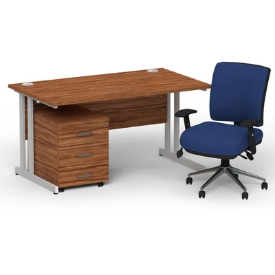 Image of Impulse 1400 Silver Cant Desk Walnut + 3 Dr Mobile Ped &amp; Chiro Blue