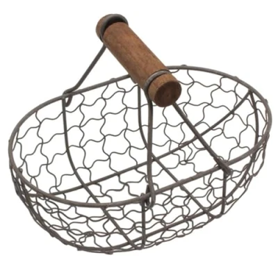 Image of Egg Basket Vintage Small Metal Holder with Handle Black Rustic Kitchen Storage Countertop Organizer For Fresh Eggs, Bread, Fruit, Vegetable