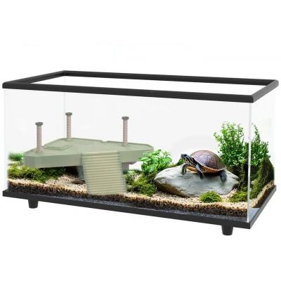 Image of PawHut Turtle Tank, 50L Glass Aquarium with Basking Platform, Ramp, Easy Drainage, Strip Patch Thermometer, for Small Turtles, 60 x 30 32cm
