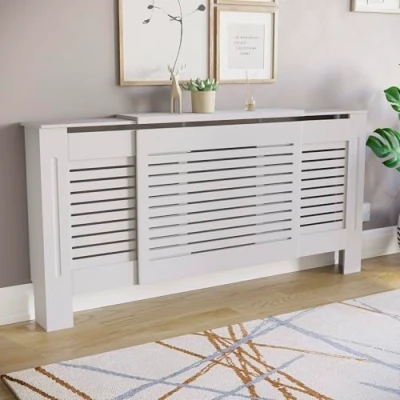 Image of Vida Designs Milton Radiator Cover Adjustable Modern Slatted Grill Slats White Painted MDF Cabinet (H: 82 / W: 204 D: 19 cm)