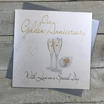 Image of white cotton cards, Handmade Large 50th Golden Anniversary Card Champagne Glasses, XLWA50R