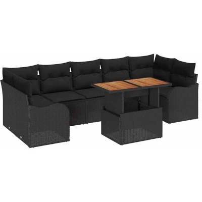 Image of vidaXL 8 Piece Garden Sofa Set with Cushions Black Poly Rattan Acacia