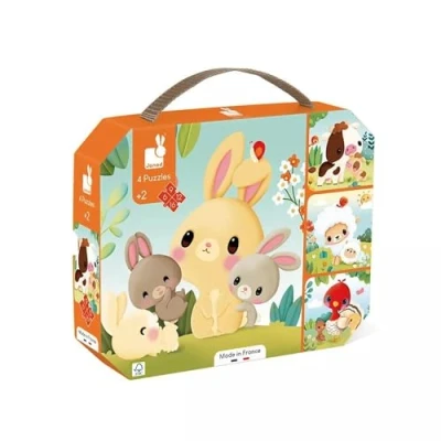 Image of Janod 4 Farm Animal Themed Progressive Puzzles 6 9 12 16 Pieces Children’s Toys Educational Games Dexterity and Patience Made in France 24 Months +, J03319