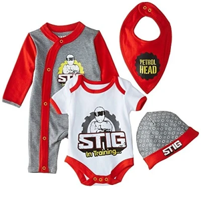 Image of BBC Top Gear STIG Boy&#039;s Kids Children 4 Piece Starter Set Hat BIB Bodysuit Baby Grow Official Merchandise (4 Set)