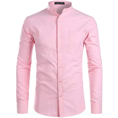 Image of PARKLEES Mens Hipster Design Grandad Collar Oxford Shirt Slim Fit Long Sleeve Casual Button Down Dress Shirts with Pocket Pink XXL