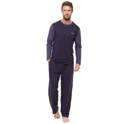 Image of INSIGNIA Mens Pyjama Set Long Sleeve Top &amp; Pants Cotton Pjs (Navy_Midblue, 3XL)