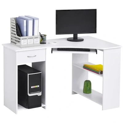 Image of HOMCOM L Shaped Corner Computer Desk w/ 2 Shelves Wide Worktop Keyboard Tray Drawer &amp; CPU Stand Home Office Study Bedroom Furniture White 120 x 70 cm
