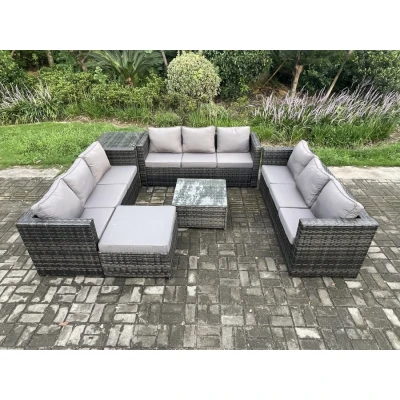 Image of Outdoor Rattan Garden Furniture Set 10 Seater Patio Lounge Sofa with Side Table Square Coffee Big Footstool Dark Grey Mixed Fimous