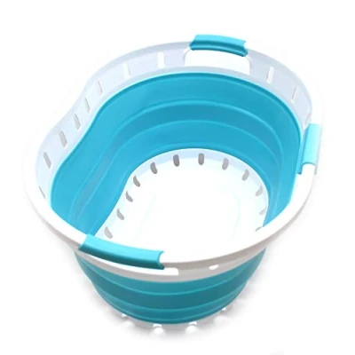 Image of SAMMART 36L Collapsible 3 handled Plastic Laundry Basket Oval Tub/Basket Foldable Storage Container/Organizer Portable Washing Tub Space Saving Hamper (Bright Blue)