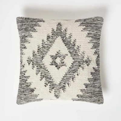 Image of HOMESCAPES Handwoven Kilim Cushion Grey &amp; Cream 100% Cotton Wool Geometric Traditional Authentic Design with Super Microfibre Insert 45 x cm