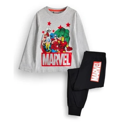 Image of Marvel Avengers Boys Pyjama Set Kids Superhero Long Sleeve Leg Graphic PJs in Grey &amp; Black Thor Captain America Iron Man Incredible Hulk Film Movie Comic Sleepwear Merchandise Gift