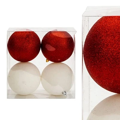 Image of VFM Baubles Red &amp; White 10cm (4 Pack) Christmas Tree Decorations
