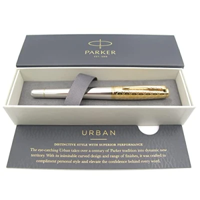 Image of Parker Urban Premium Metal Fountain Pen Aureate Gold Powder with Intricate Engraved Pattern Trims Medium Nib Gift Boxed