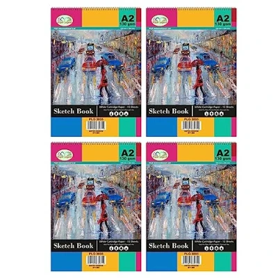 Image of Pack of 4 A2 Spiral Sketch Pad 130 GSM Paper Sketchbook, Hardback (420 x 594 mm) 15 Sheets White Cartridge Ideal for Pen Pencils Pastels Charcoal Inks