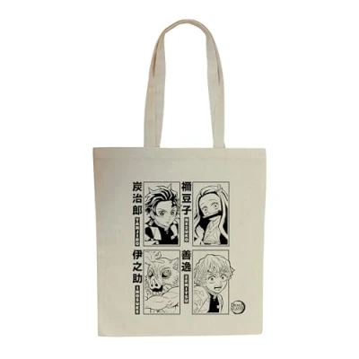 Image of ABYSTYLE Demon SLAYER Tote Bag Tanjiro, Nezuko, Zenitsu &amp; Inosuke S2, beige, Dimensions 38 x 42 cm