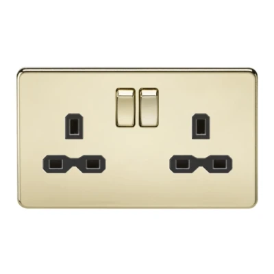 Image of KnightsBridge 2G DP 13A Screwless Polished Brass 230V UK 3 Pin Switched Electric Wall Socket White Insert