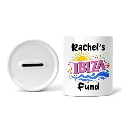 Image of Rib Ticklerz Personalised Money Box Ibiza Fund Piggy Bank Savings Jar Travel Travelling Saving Pot Novelty Gift Birthday Present Colleague Secret Santa MB10