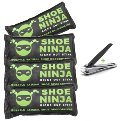 Image of Charcoal Shoe Deodorizer Natural, Long Lasting, and Easy to Use 4 Pack of Odour Eliminator for Smell Free Shoes Nail Clippers Included with Remover Bags