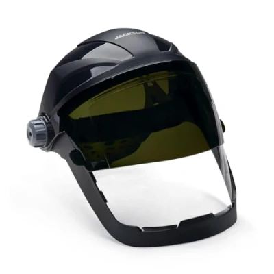 Image of Jackson Safety 14233 Quad 500 Premium Multi Purpose face shield/Face Guard; Ratcheting Headgear, Clear Tint, Anti Fog Coating, visor protection with 8 IR rated Flipshade, Black