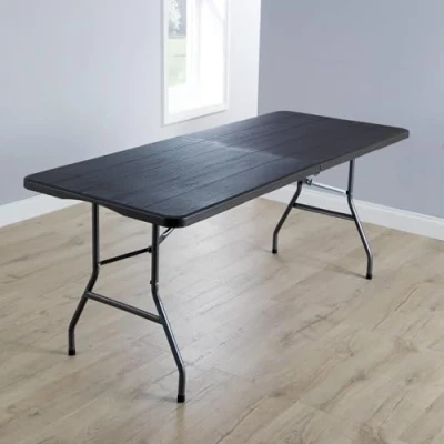 Image of Home Source 6ft Folding Trestle, Carry Handle Heavy Duty Table for Camping Catering BBQ Picnic Party, Brown Wood Effect