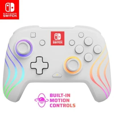 Image of PDP Afterglow Wave Wireless Pro Controller with Full Motion for Nintendo Switch, Switch OLED Model, 8 RGB LED Lighting Zones, 30 Foot Range, 20 Hour Rechargeable Battery White