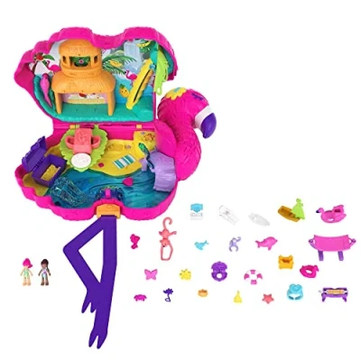 Image of Polly Pocket Mini Toys Large Compact Playset with 2 Micro Dolls and Accessories Flamingo Party Travel Gifts for Kids​​​​