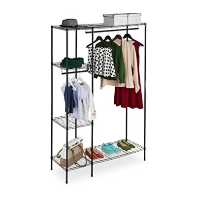 Image of Relaxdays Open Clothes Rack, Free Standing Wardrobe, Metal, Storage, Extra, Shelf, Practical, HxWxD 180x120x45 cm, Black