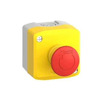 Image of Schneider Electric yellow station 1 red mushroom head pushbutton Ø40 turn to release 1NO+1NC