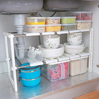 Image of Adjustable Extendable Multi Purpose Kitchen Bathroom Under Sink Rack Shelf Organiser Storage Tidy White
