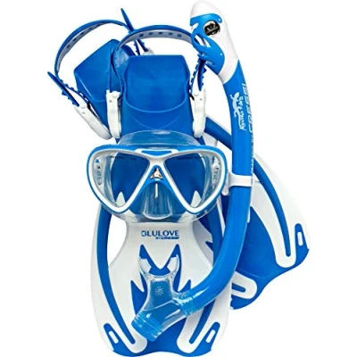 Image of Cressi Unisex Youth Rocks Pro Dry Children Mask Fins Snorkel Set, Blue/White, S/M 1/2 Y, SE262031