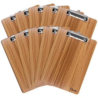 Image of Uquelic 10 pcs A4 Durable Wooden Clipboards, with Sturdy Spring Loaded Grip &amp; Hanging Hook, Designed for Office Work Classroom Business Restaurant (Brown)