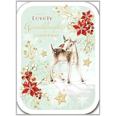 Image of Granddaughter Christmas Card Artistic Deer and Robin Design Special Finishes Embellishment Made in the UK Eco Friendly