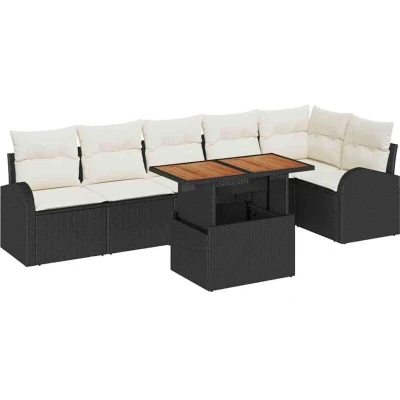 Image of vidaXL 7 Piece Garden Sofa Set with Cushions Black Poly Rattan