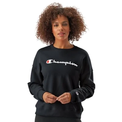 Image of Champion Women&#039;s Powerblend Relaxed Crew, Screen Print Script Sweatshirt, Black y08113, S