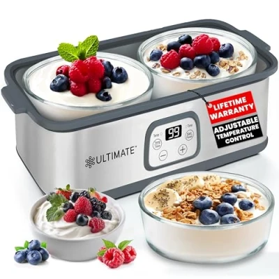 Image of Ultimate Probiotic Yogurt Maker with Adjustable Time &amp; Temp Control Make Trillions of Live Probiotics Two 1 Quart Containers for Larger Batches Best Greek LIFETIME WARRANTY