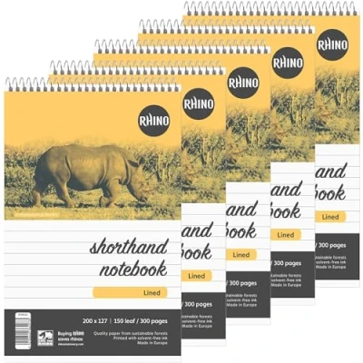 Image of Rhino Shorthand Notebook, 300 Page / 8mm Lined Notepad, 5 Pack, Reporter&#039;s Spiral Wirebound Writing Pad